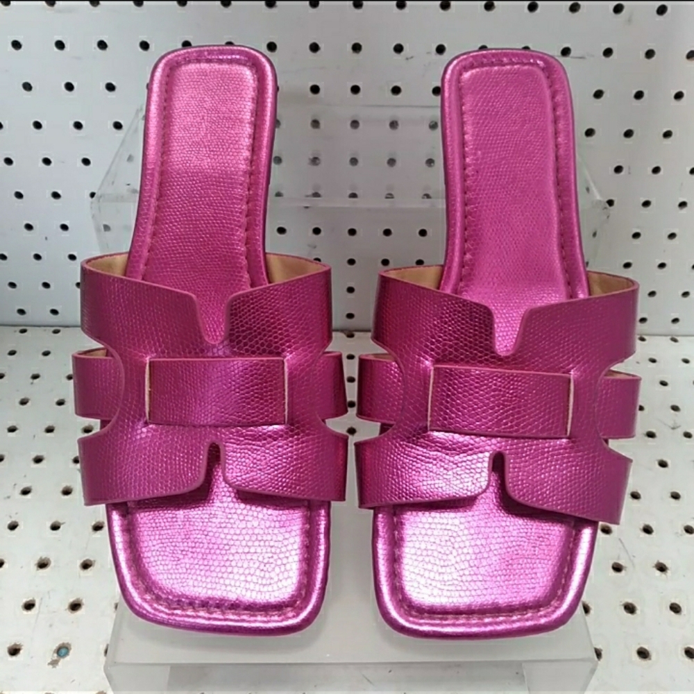 Women | Hot Pink Sandals | Flat Heel Cushioned Square-toe Casual Backless Slide